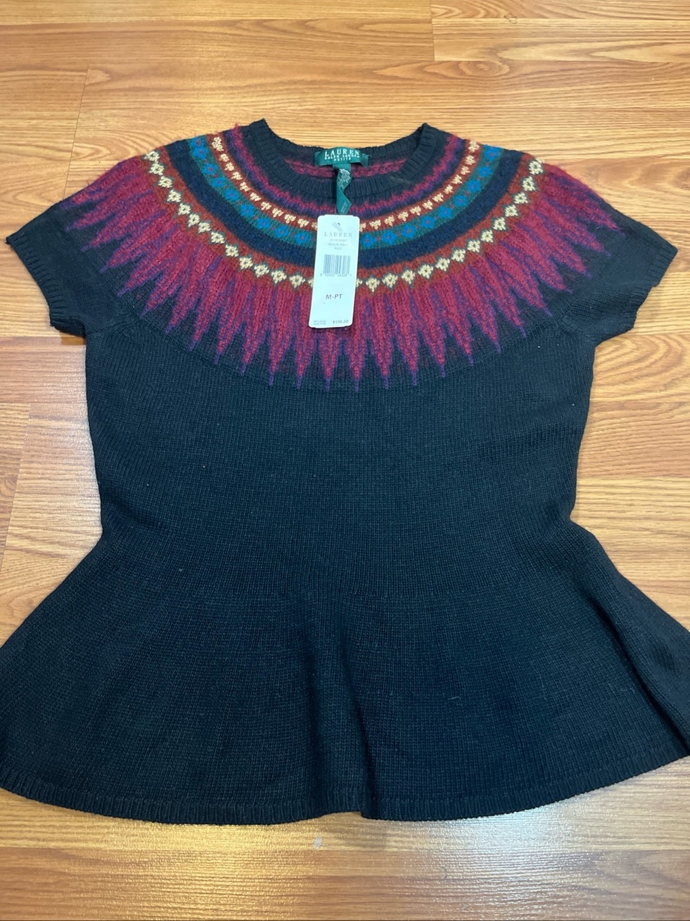 Lauren Ralph Lauren Black Short-Sleeve Fair Isle Yoke Sweater Top